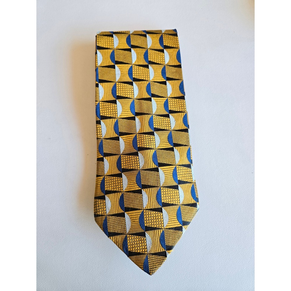 Knot Shop Collection Gold Blue Geo‎ Silk Necktie Art Deco Retro Mod Abstract